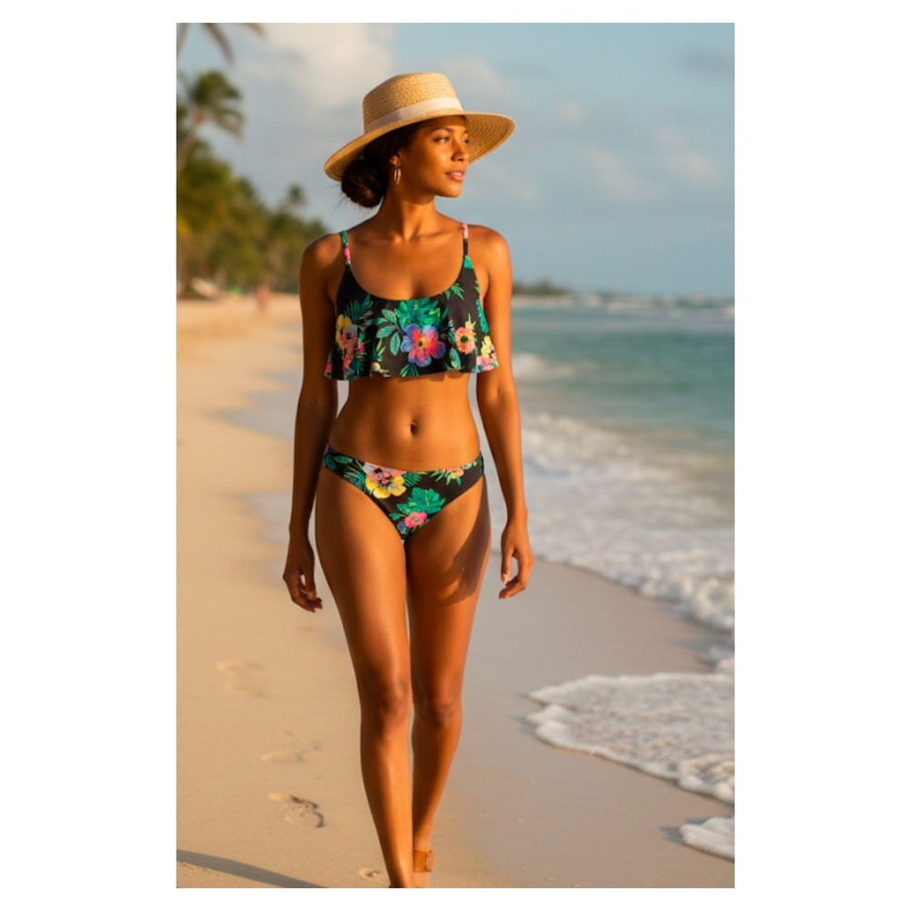 Old Navy Womens Tropical Floral Flounce Bikini Set Black Two Piece Swimsuit M